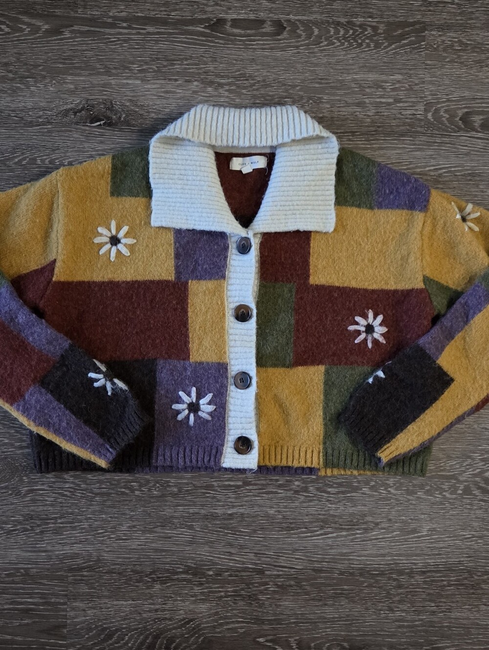 Cleo + Wolf Colorblock Patchwork Daisy Cardigan Sweater.